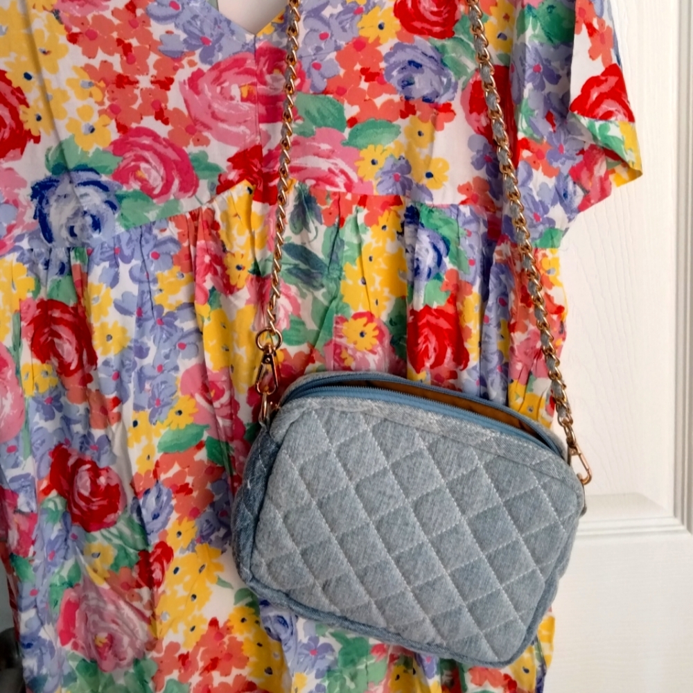New quilted light wash denim crossbody small bag with a chain Thomas Lee Company
